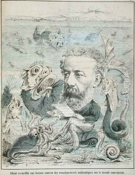 Jules Verne (1828-1905) studying life at the bottom of the sea, caricature from 'L'Algerie Comique et Pittoresque' magazine , Oran 1883 Oil Painting by J. Chape