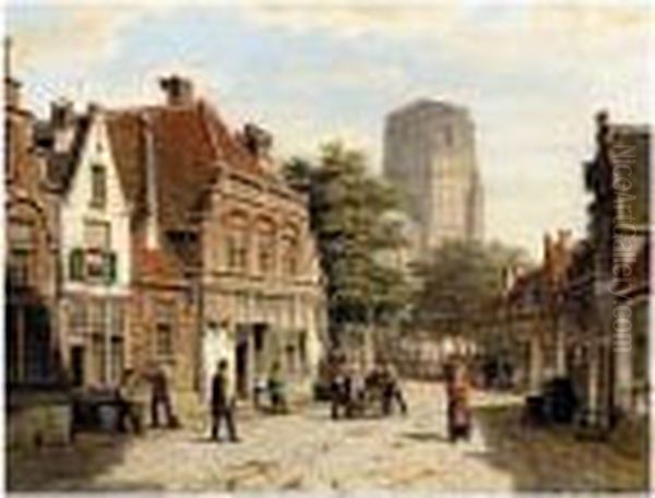 Dutch Street With Church Tower Oil Painting by Willem Koekkoek