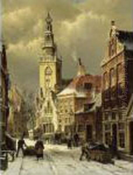 Figures In A Snowy Street, Monnickendam Oil Painting by Willem Koekkoek