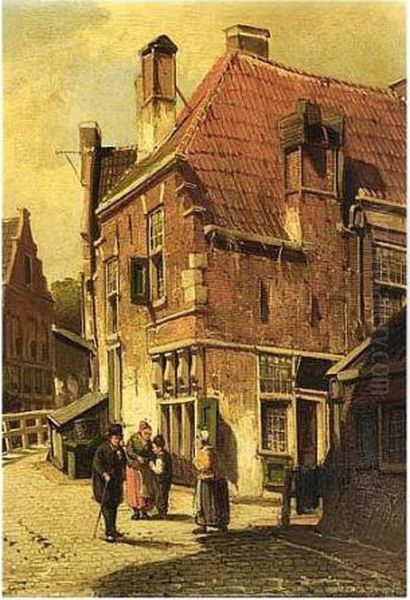 Villagers In The Streets Of A Dutch Town Oil Painting by Willem Koekkoek