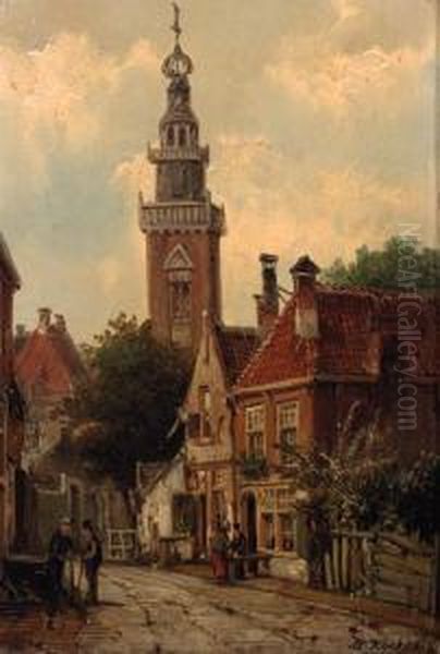 A View In A City With Villagers Conversing In A Street Oil Painting by Willem Koekkoek