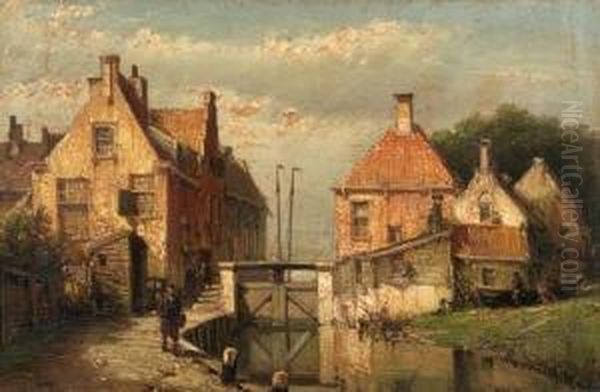 View Of The Sluice In Spaarndam Oil Painting by Willem Koekkoek