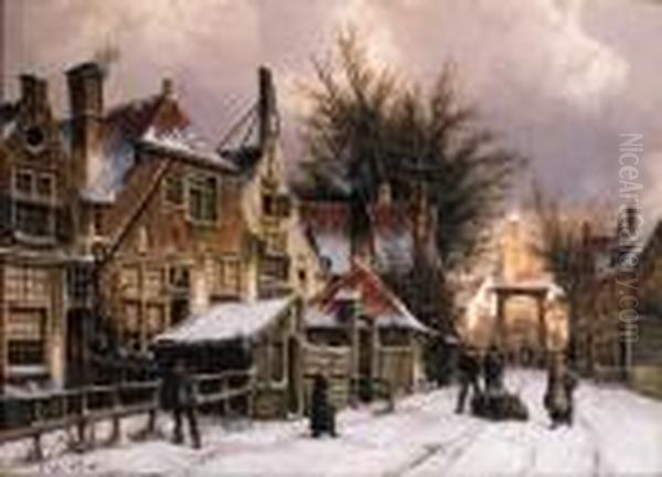 A Townview With Figures On A Snow Covered Street Oil Painting by Willem Koekkoek