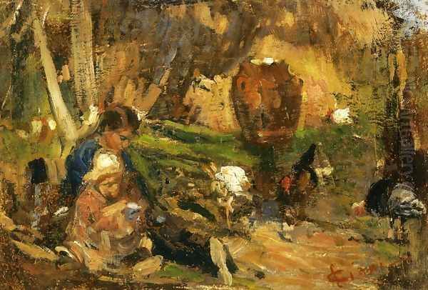 Child in a Farmyard Oil Painting by Cesare Ciani