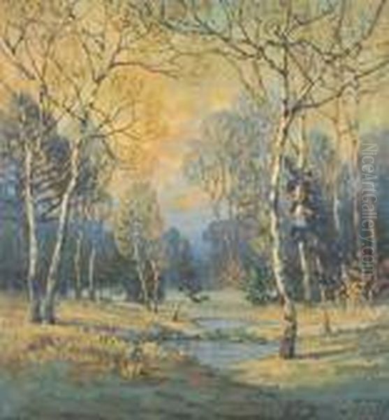 American, - Landscape With Birchtrees Oil Painting by Walter Koeniger