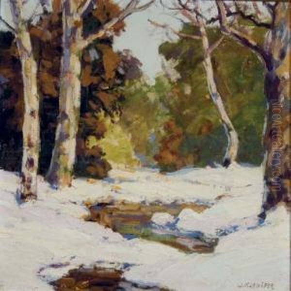 Snowy River Bank In The Woods; And A Companion Painting Oil Painting by Walter Koeniger