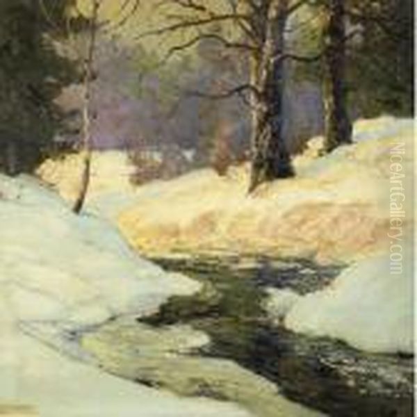 Woodland Stream In Winter Oil Painting by Walter Koeniger