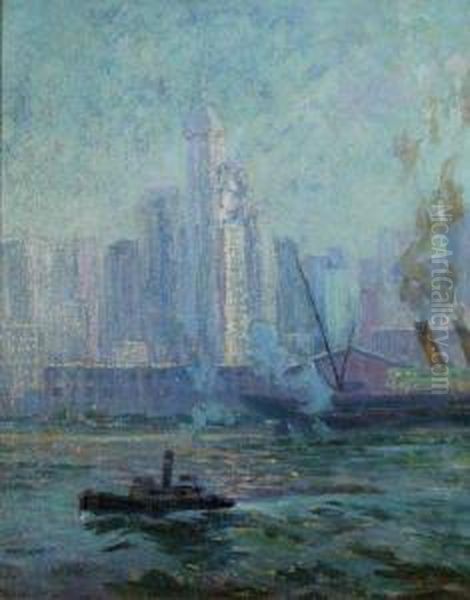 New York City Harbor And Skyline Oil Painting by Walter Koeniger