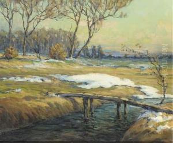 A Landscape With A Stream, Late Winter Oil Painting by Walter Koeniger