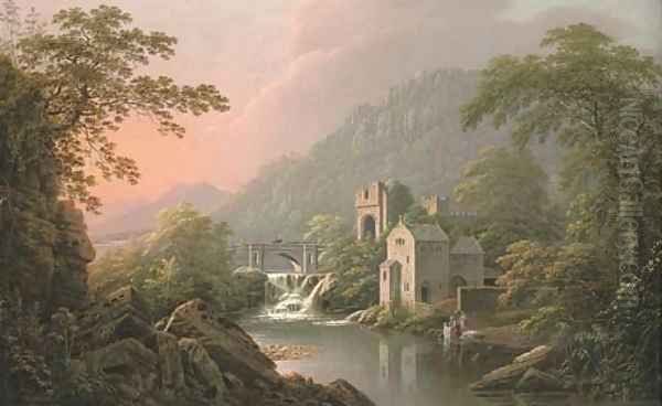 A river landscape, probably the banks of the River Swale, North Yorkshire, with a castle by a weir and washerwomen by a boat house Oil Painting by George Cuitt