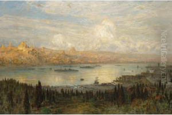 The Golden Horn, From Tepebasi Looking At The Beyazit Tower And Sulemymaniye Mosque Oil Painting by Ernst Carl Eugen Koerner