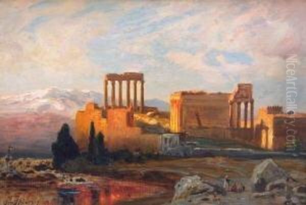 Antike Tempelanlage Im Abendrot (baalbeck Am Libanon ?) Oil Painting by Ernst Carl Eugen Koerner