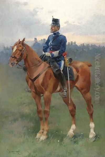 Soldier on Horseback (Jinete de caballeria de Estado Mayor) Oil Painting by Jose Cusachs y Cusachs