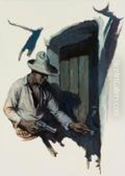 Cowboy Unlocking Door Oil Painting by William Henry Dethlef Koerner