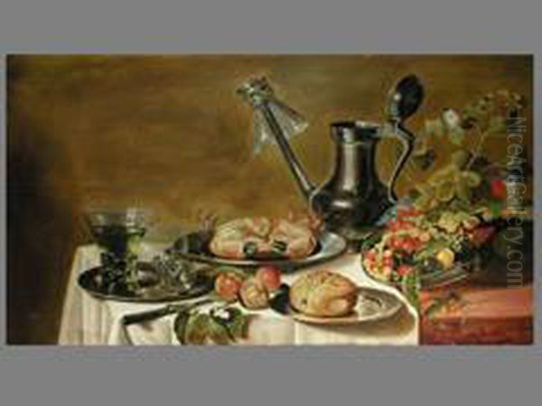 Stilleben Mit Krabbe, Zinnkanne Und Fruchten Infayenceplatte Oil Painting by Roloef Koets