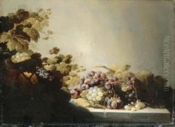 Grapes On A Stone Ledge With Citrus Fruits In A Basket Oil Painting by Roloef Koets