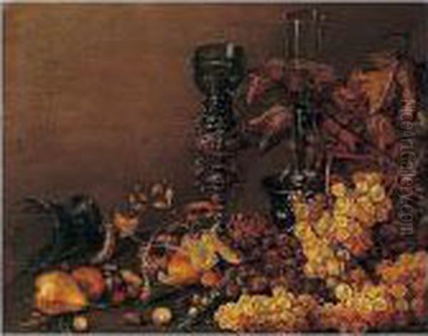 Still Life Of Red And White 
Grapes, Pears, Cherries, Hazelnuts And Peas, Together With A 
Facon-de-venise Wine Glass, An Upturned Roemer And A Roemer On An 
Elaborate Gilt Stand Oil Painting by Roloef Koets