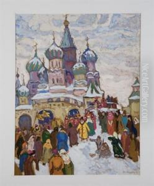 Winter Scene With Figures Before A Cathedral Oil Painting by Moissey Kogan