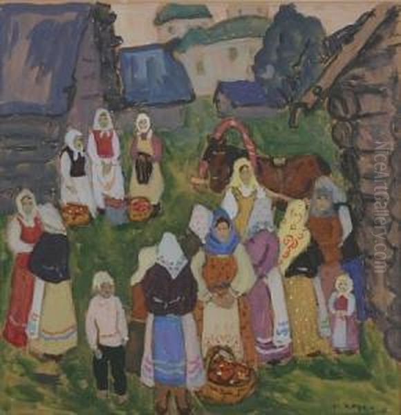 Russian Village Gathering Oil Painting by Moissey Kogan