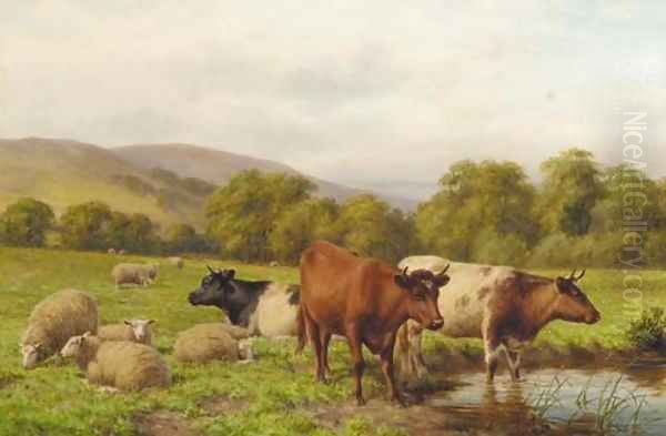 Cattle and sheep resting in a water meadow Oil Painting by Dixon Clark