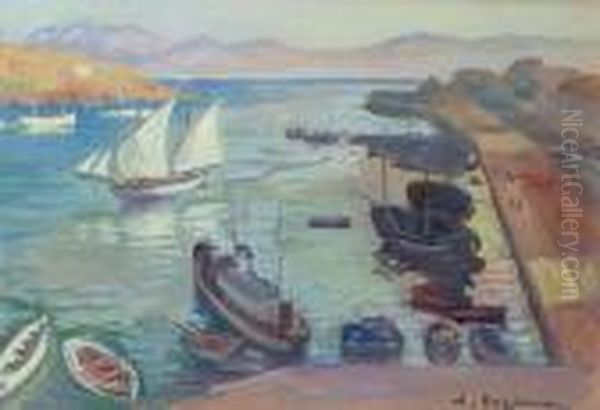 A View Of A Port Oil Painting by Lykourgos Lic Kogevinas /