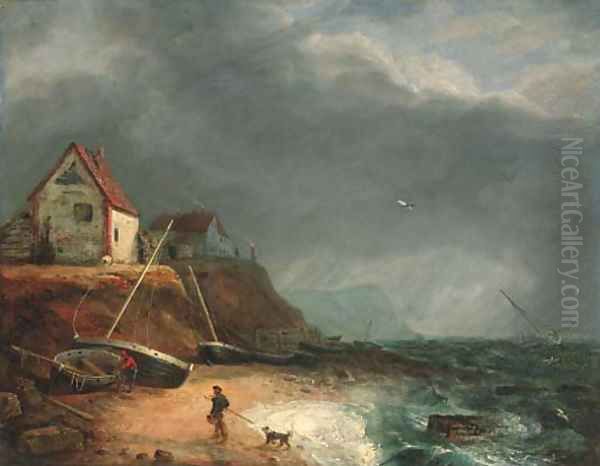 Fisherfolk on the beach before an approaching storm Oil Painting by Charles, I Catton