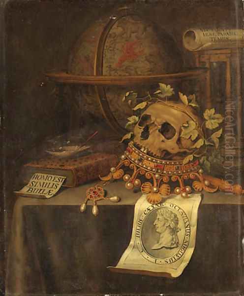 A Vanitas Still Life with a Skull in a jewelled Crown, an astrological Globe, an Hourglass, a Book Oil Painting by Edwaert Collier