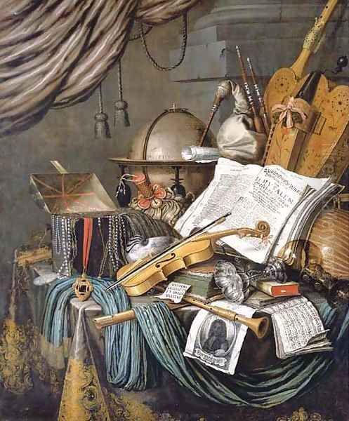 A vanitas still life of a globe, a casket of jewels and medallions, books, a hurdy-gurdy, a bagpipe, a lute, a violin, a silver tazza, a roemer Oil Painting by Edwaert Collier