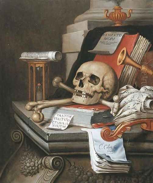 A vanitas still life with an hour glass, a skull and crossbones, a scroll, two books, music scores, a flute, a violin, a sheet of paper Oil Painting by Edwaert Collier