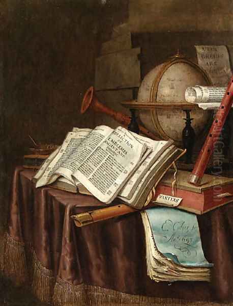 A Vanitas still life with a globe, musical instruments, a score and an emblem book on a draped table before a column Oil Painting by Edwaert Collier