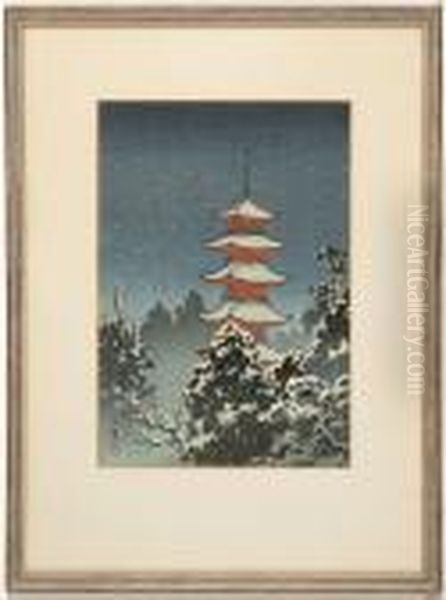 Depicting A Red Temple In Snow Oil Painting by Tsuchiya Koitsu