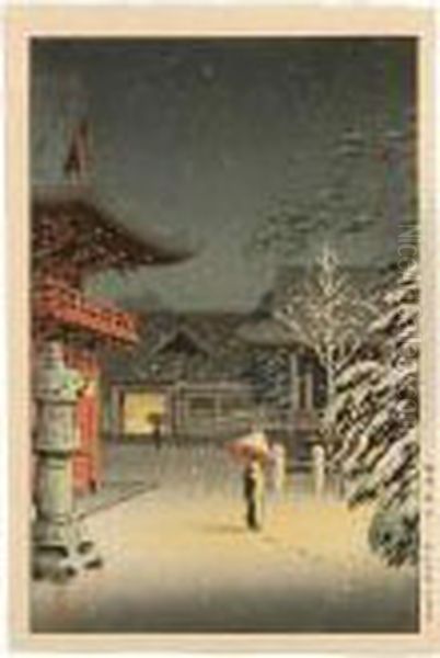 Snow At Nezu Shrine Oil Painting by Tsuchiya Koitsu