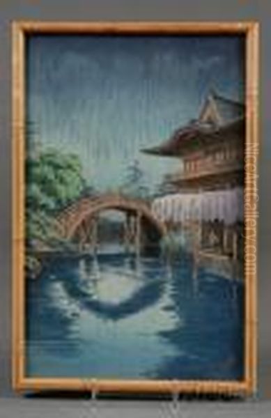 Pond With Drumbridge In Rain Oil Painting by Tsuchiya Koitsu