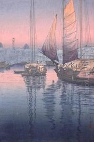 Sunset Glow At Tomonoura Bay Oil Painting by Tsuchiya Koitsu