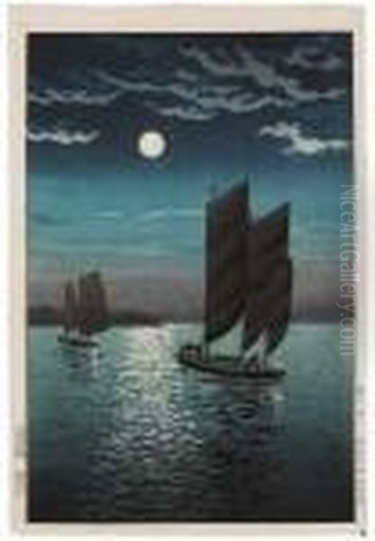 Segelboote Fahren Bei Nacht. Der
 Vollmond Am Himmel. Bez.: Koitsu. Siegel: Shin. Verlag: Doi. 
Plattenschneider: Harada. Drucker: Ito. Datum: Showa 10 Oil Painting by Tsuchiya Koitsu