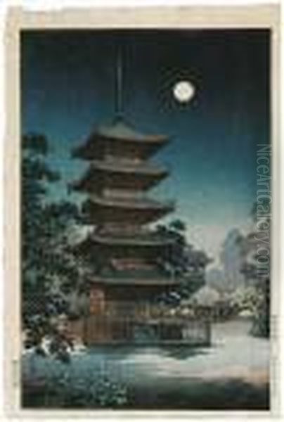 Auf Die Pagode Des 
Kinryuzan-tempels In Einer Vollmondnacht. Im Hintergrund Schattenhaft 
Die Grose Tempelglocke. Bez.: Koitsu. Siegel: Shin. Verlag: Hangen 
Tokyodo. Datum: Showa 13 Oil Painting by Tsuchiya Koitsu