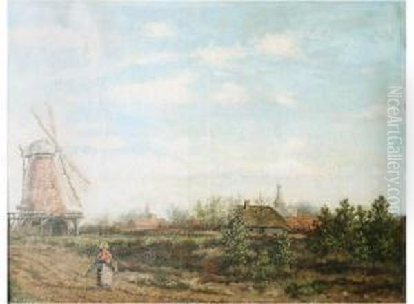 Village View With Women Near A Windmill Oil Painting by Henri Kokken