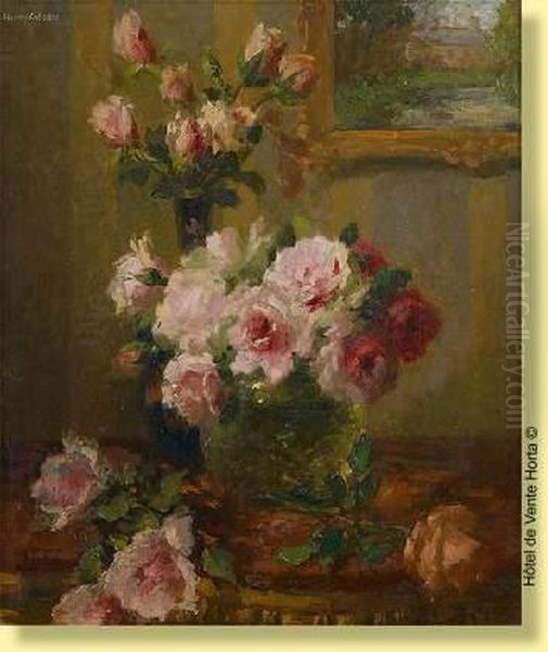 Composition Aux Roses Sur Fond De Tableau Oil Painting by Henri Kokken