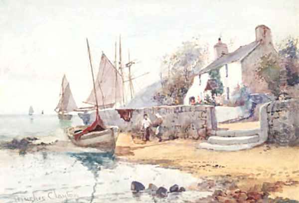 Figures and Fishing Vessels in a Harbour thought to be Anglesey Oil Painting by Joseph Hughes Clayton