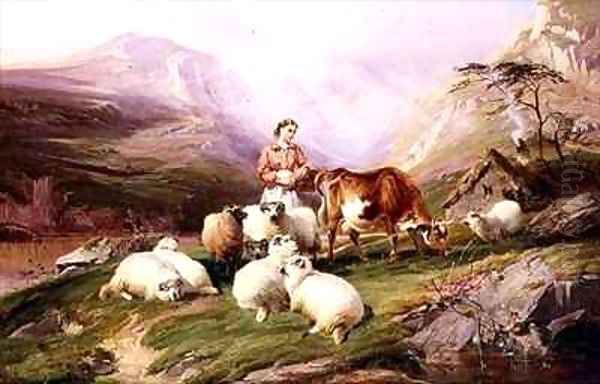 Cow and Sheep on a Mountain Pasture Oil Painting by Thomas George Cooper