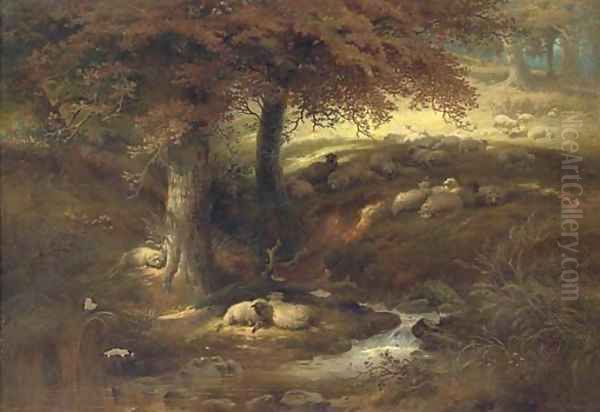 Landscape with sheep by a stream Oil Painting by Thomas George Cooper