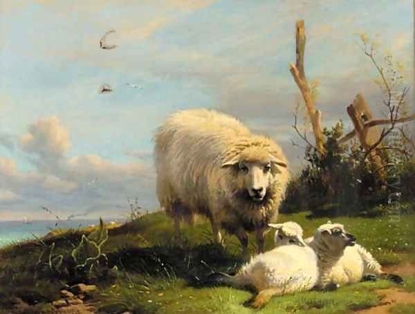 A ewe with lambs in a coastal landscape Oil Painting by Thomas George Cooper