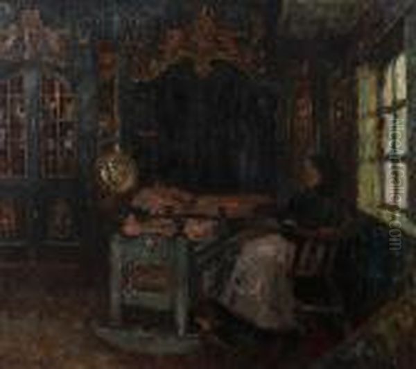 A Figure In An Interior Oil Painting by Ernst Kolbe