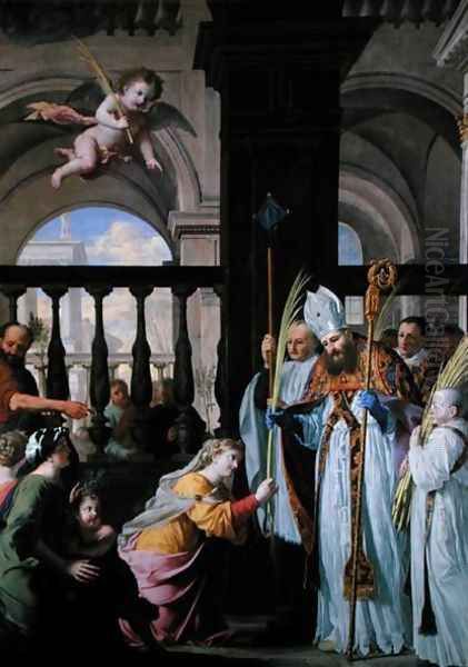 St. Genevieve Receiving a Palm from St. Medard on Palm Sunday Oil Painting by Michel des Gobelins Corneille