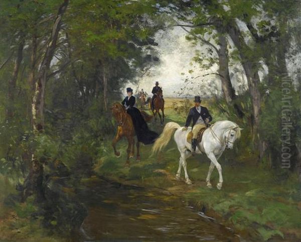 Riding Out At The Forest Edge Oil Painting by Rudolf Koller