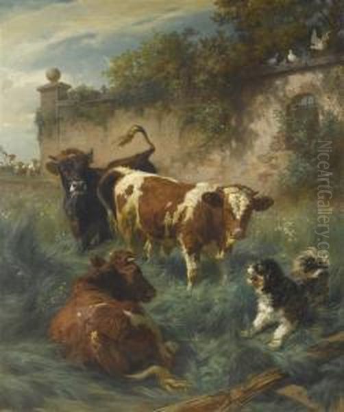 Cows On The Meadow Oil Painting by Rudolf Koller