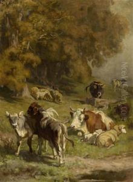 Cows And Sheep At The Forest Edge Oil Painting by Rudolf Koller