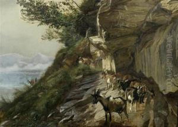 Goats On A Mountain Path Oil Painting by Rudolf Koller