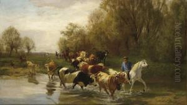 Kuhe Mit Reiter Am Wasser Beim Zurichhorn Oil Painting by Rudolf Koller