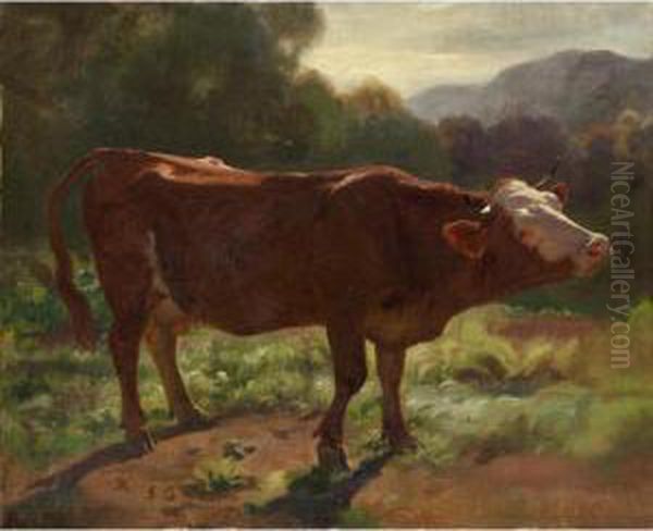 Stehende Kuh In Landschaft, 1858 
Standing Cow In Landscape, 1858 Oil Painting by Rudolf Koller